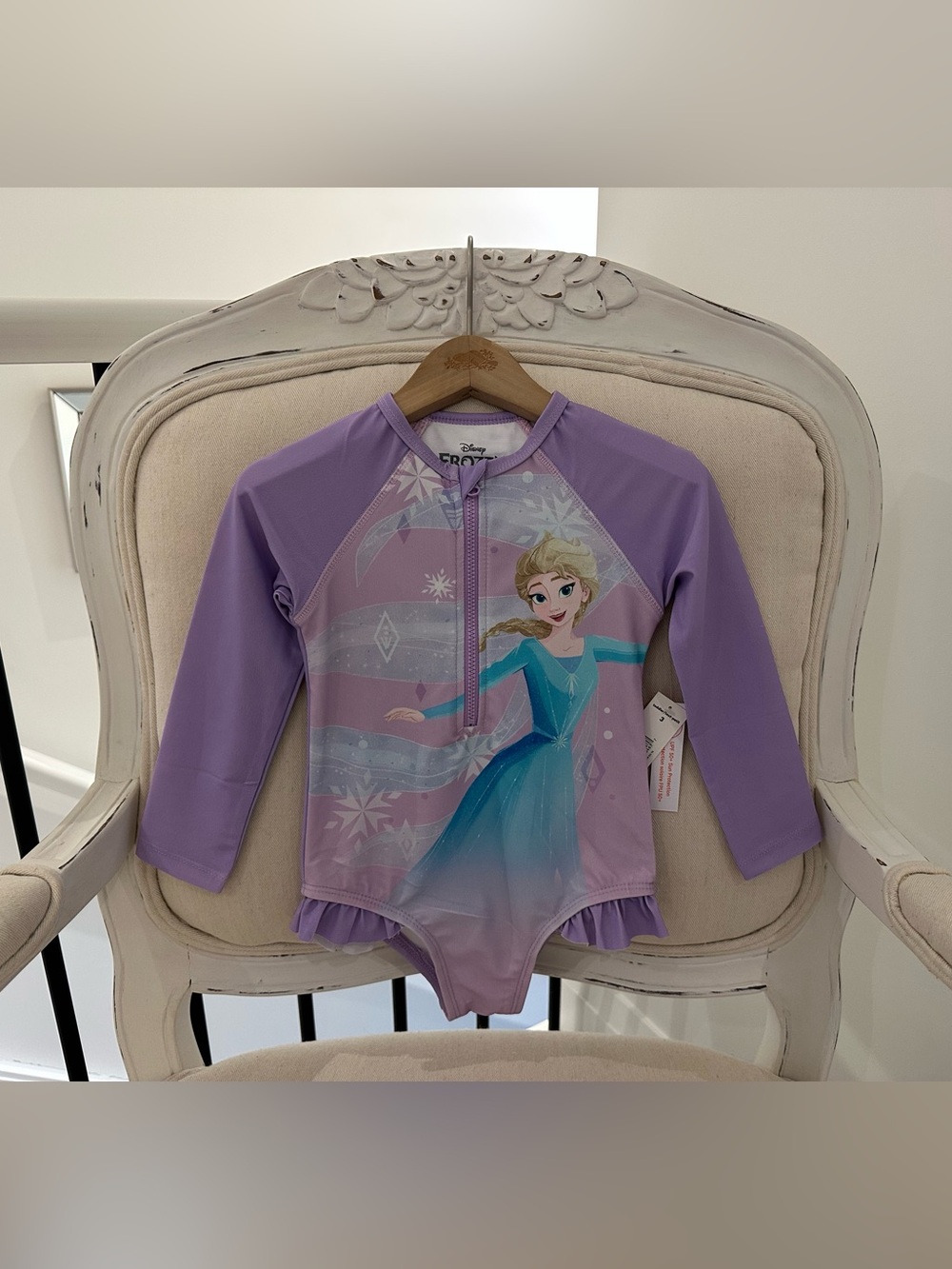 🤍 3T Disney Purple Ruffled Frozen Elsa Long-Sleeve One-Piece Swimsuit NWT
